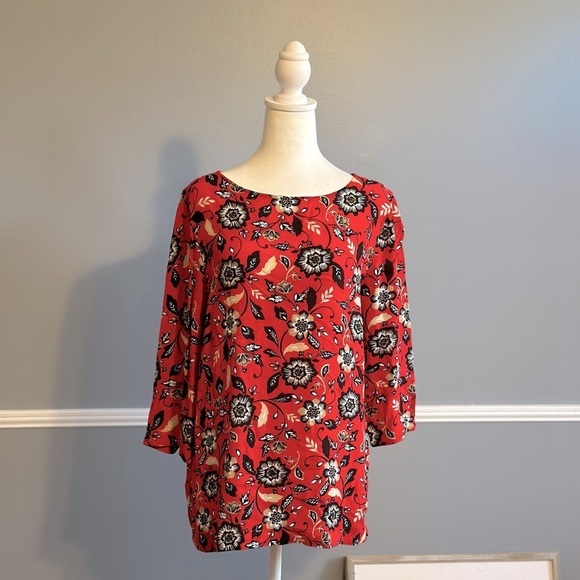 J. Jill Tops - J. Jill Colorful Vibrant Floral's Print Blouse Top Red White Tan Size Medium M